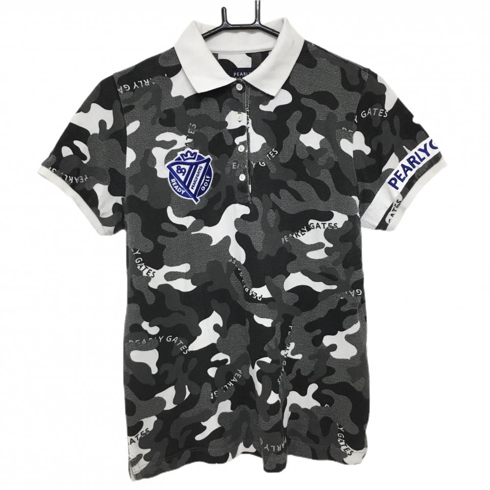パーリーゲイツ 半袖ポロシャツ グレー×黒×白 迷彩 カモフラ コットン100％  レディース 2(Ｌ) ゴルフウェア PEARLY GATES