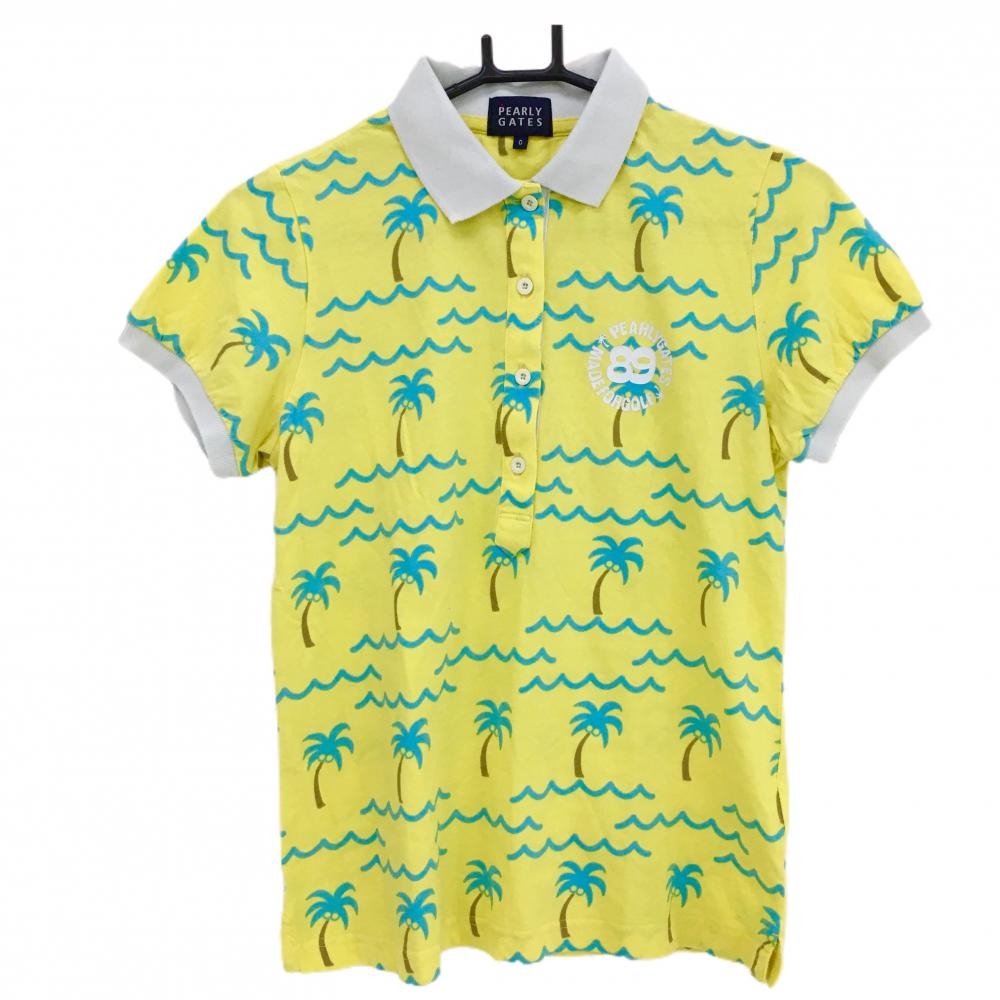 パーリーゲイツ 半袖ポロシャツ イエロー×ライトブルー ヤシの木柄 レディース 0(S) ゴルフウェア PEARLY GATES