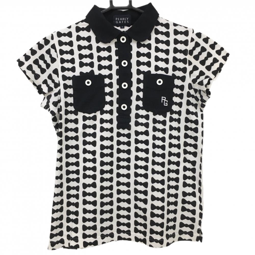 パーリーゲイツ 半袖ポロシャツ 白×黒 リボン柄 レディース 1(M) ゴルフウェア PEARLY GATES