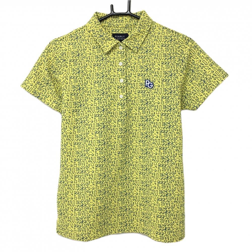 【超美品】パーリーゲイツ 半袖ポロシャツ イエロー×ブルー ロゴ総柄 ニコちゃん総柄  レディース 1(M) ゴルフウェア PEARLY GATES