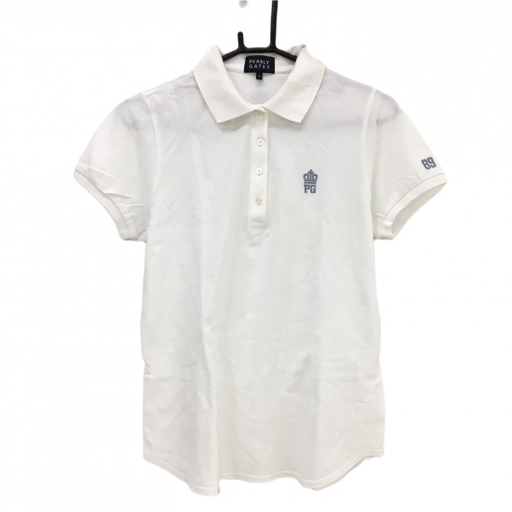 パーリーゲイツ 半袖ポロシャツ 白 ロゴグレー レディース 1(M) ゴルフウェア PEARLY GATES