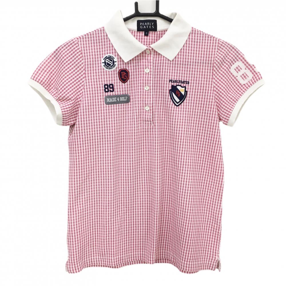 パーリーゲイツ 半袖ポロシャツ 白×ピンク ギンガムチェック ロゴワッペン レディース 0(S) ゴルフウェア PEARLY GATES