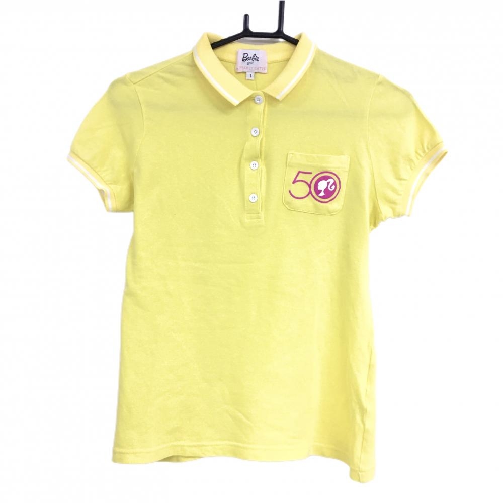 バービーゴルフバイパーリーゲイツ 半袖ポロシャツ イエロー×白 胸ポケット ロゴピンク  レディース 1(M) ゴルフウェア PEARLY GATES