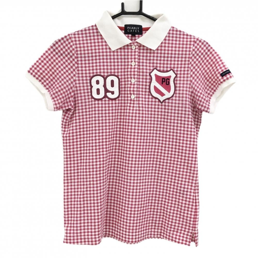 パーリーゲイツ 半袖ポロシャツ 白×ピンク ギンガムチェック ワッペン レディース 0(S) ゴルフウェア PEARLY GATES