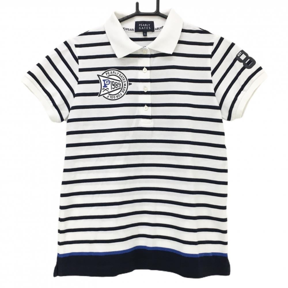 【美品】パーリーゲイツ 半袖ポロシャツ 白×ダークネイビー ボーダー  レディース 0(S) ゴルフウェア PEARLY GATES