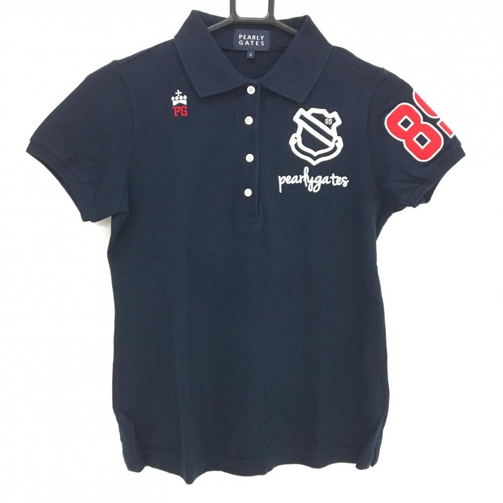 【美品】パーリーゲイツ 半袖ポロシャツ ネイビー ロゴ ワッペン レディース 0(S) ゴルフウェア PEARLY GATES