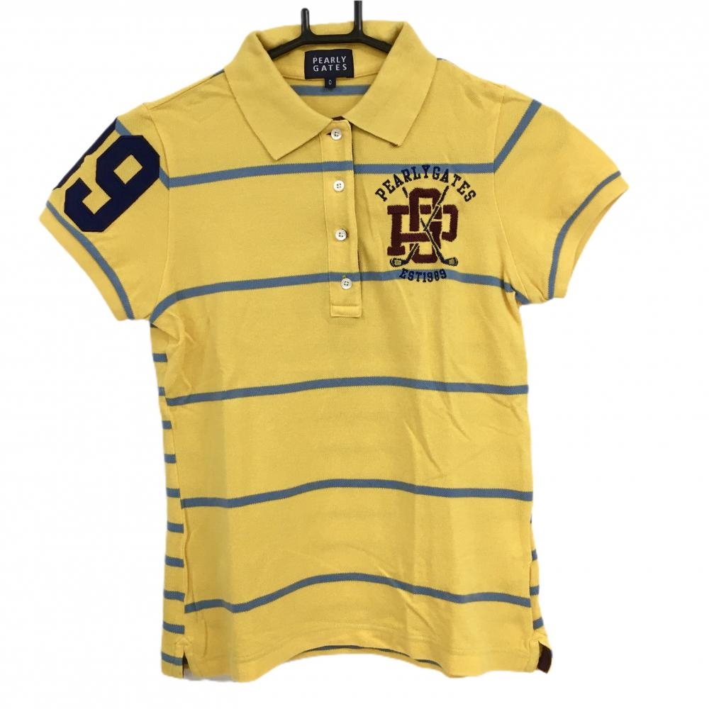【美品】パーリーゲイツ 半袖ポロシャツ イエロー×ライトブルー 身頃ボーダー 襟裏ロゴ レディース 0(S) ゴルフウェア PEARLY GATES