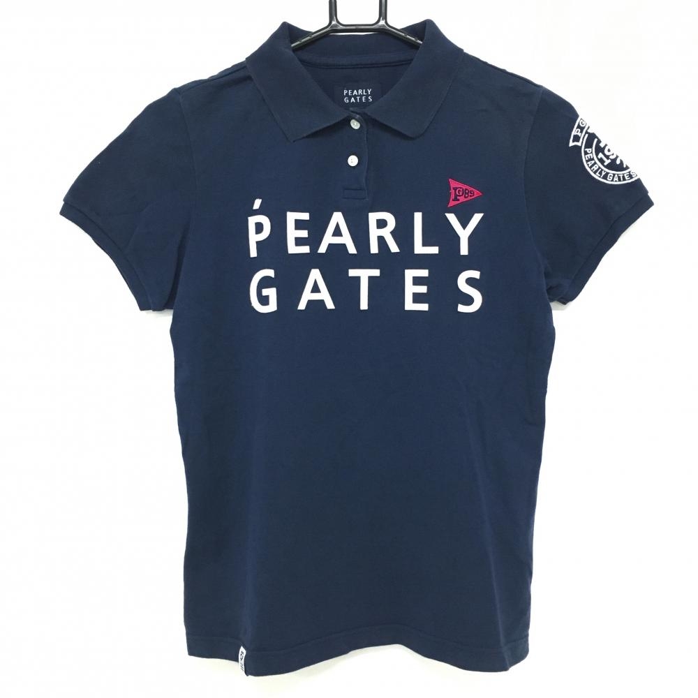 パーリーゲイツ 半袖ポロシャツ ネイビー×白 フェルトロゴ レディース M ゴルフウェア PEARLY GATES