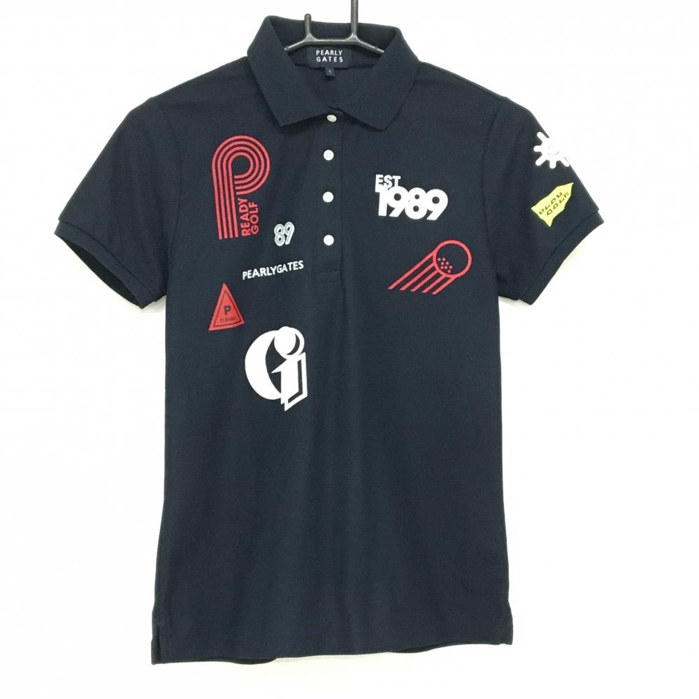 【美品】パーリーゲイツ 半袖ポロシャツ ネイビー 胸プリント   レディース 1(M) ゴルフウェア 2024年モデル PEARLY GATES