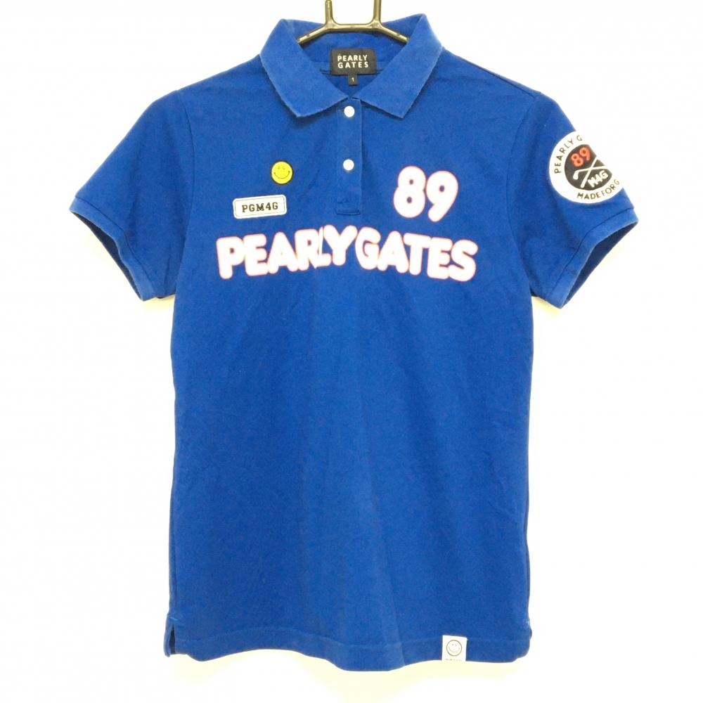 パーリーゲイツ 半袖ポロシャツ ブルー×白 ニコちゃん スマイル  レディース 1(M) ゴルフウェア PEARLY GATES
