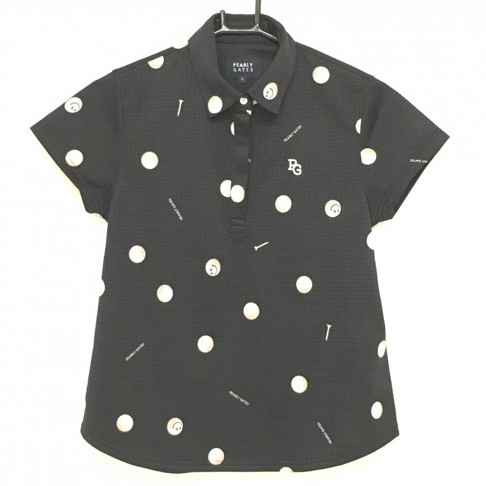 【超美品】パーリーゲイツ 半袖ポロシャツ 黒×白 ゴルフボール総柄 地模様  レディース 0(S) ゴルフウェア 2024年モデル PEARLY GATES