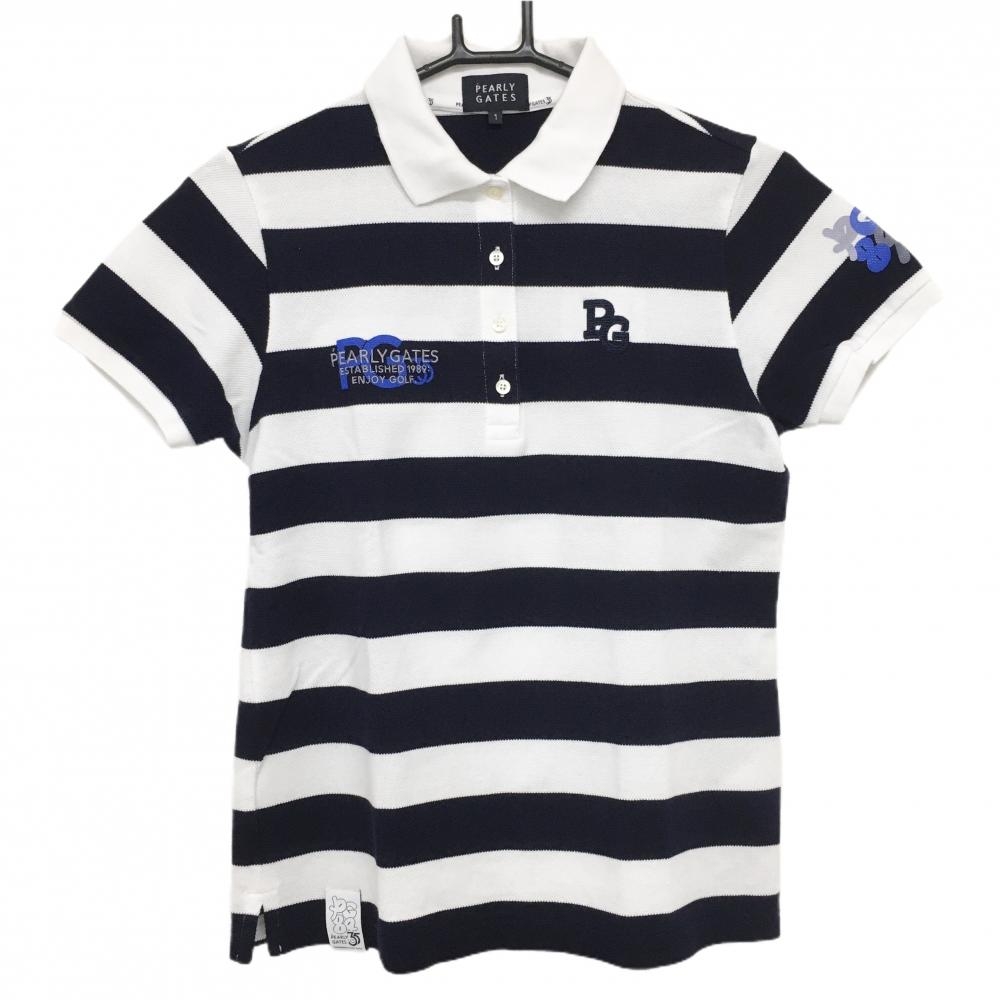 【超美品】パーリーゲイツ 半袖ポロシャツ 白×ネイビー ボーダー 35周年 レディース 1(M) ゴルフウェア 2024年モデル PEARLY GATES