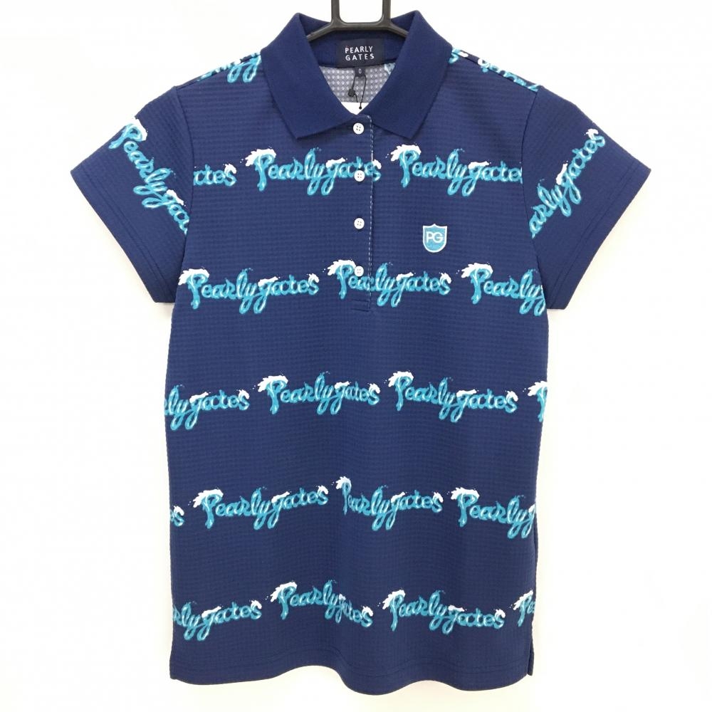 【新品】パーリーゲイツ 半袖ポロシャツ ネイビー×ライトブルー ロゴボーダー風 日本製 レディース 0(S) ゴルフウェア PEARLY GATES