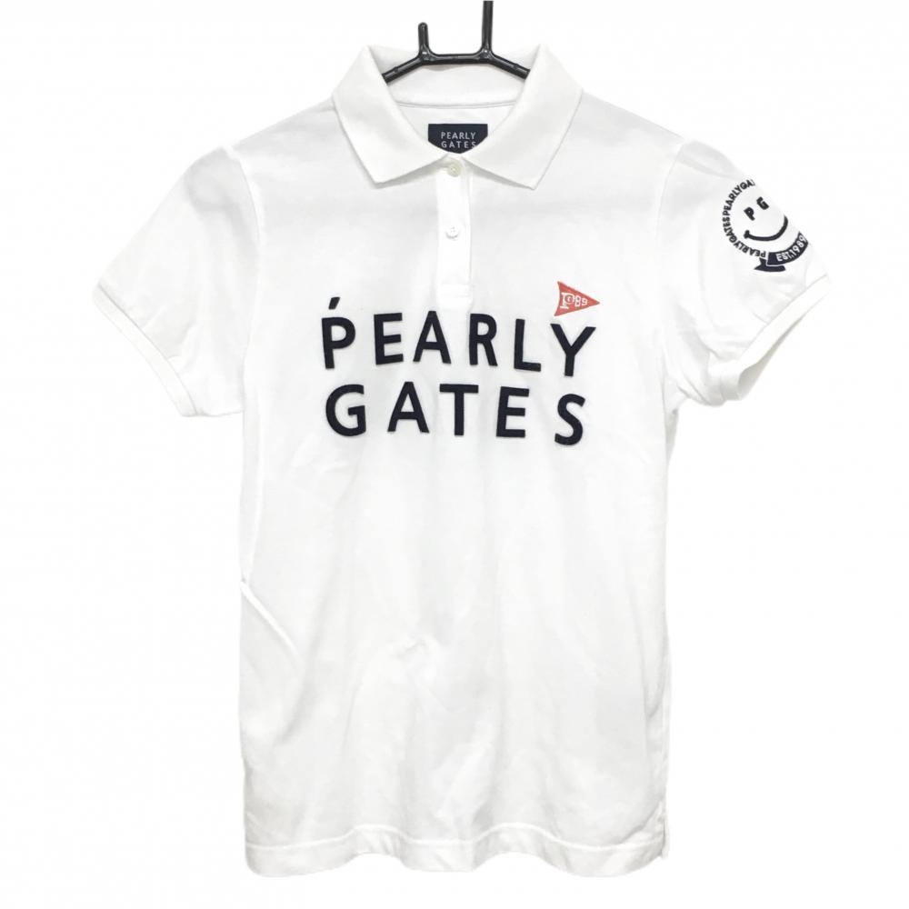 【美品】パーリーゲイツ 半袖ポロシャツ 白×ネイビー ニコちゃん スマイル フェルトロゴ  レディース 1(M) ゴルフウェア PEARLY GATES