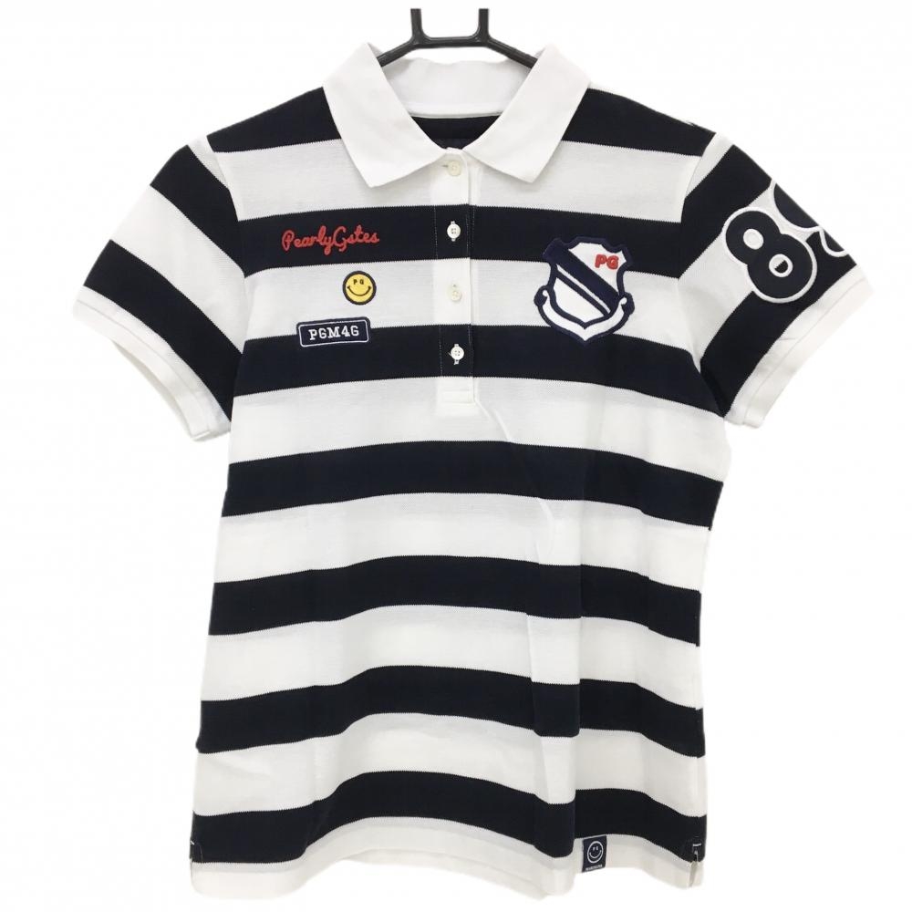 パーリーゲイツ 半袖ポロシャツ 白×ネイビー ボーダー ニコちゃん スマイル レディース 1(M) ゴルフウェア PEARLY GATES