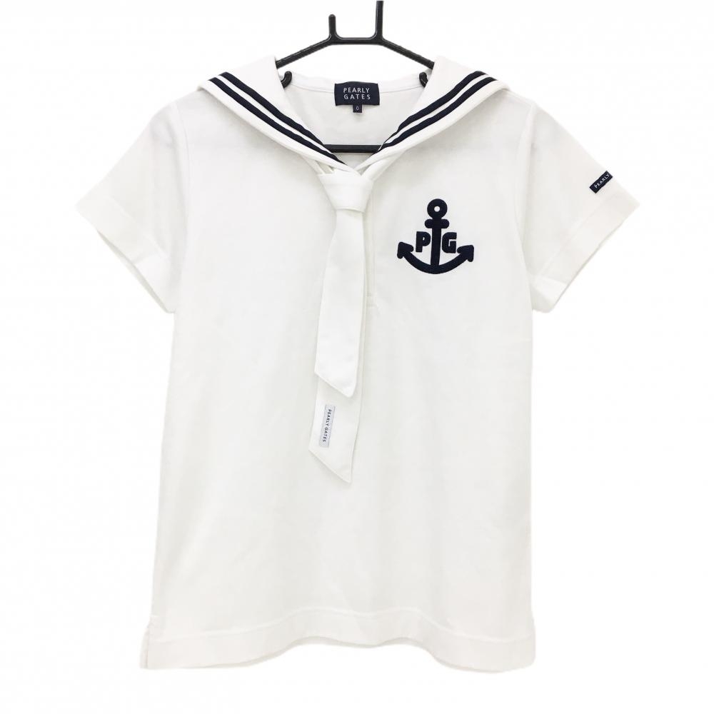 【美品】パーリーゲイツ 半袖ポロシャツ 白×ネイビー セーラー襟 レディース 0(S) ゴルフウェア PEARLY GATES