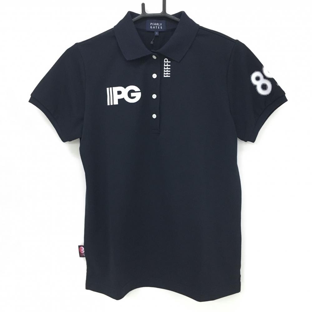 【新品】パーリーゲイツ 半袖ポロシャツ ネイビー ロゴ刺しゅう ニコちゃん スマイル レディース 1(M) ゴルフウェア PEARLY GATES