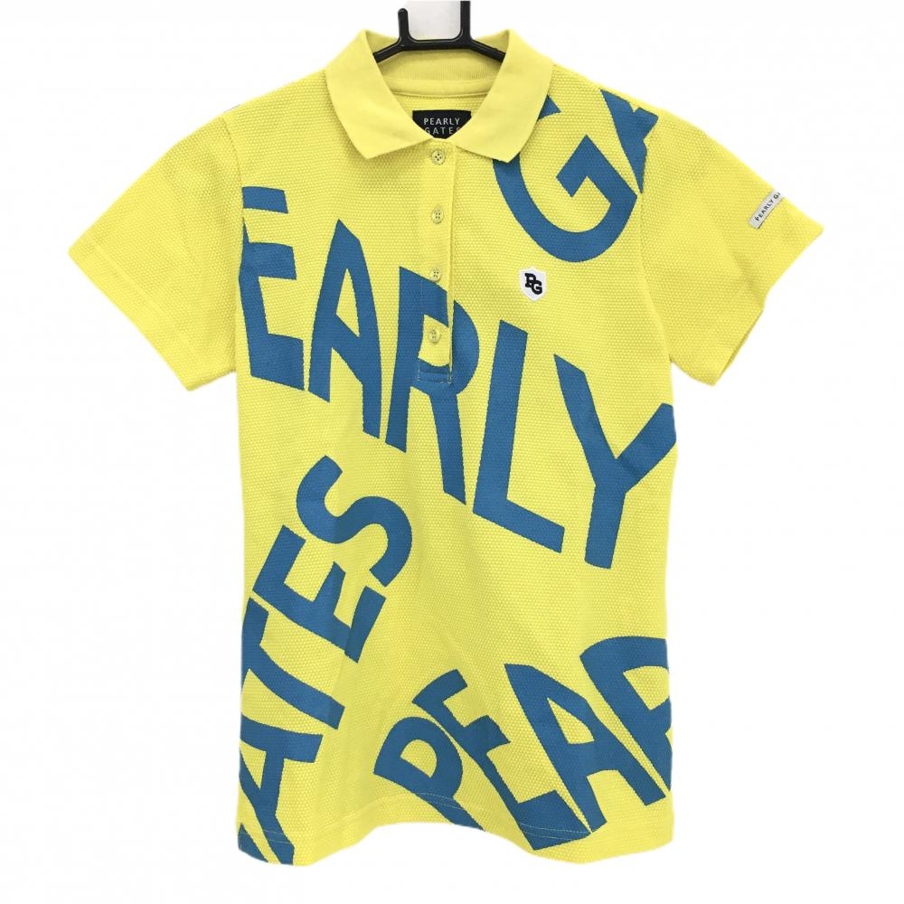 【超美品】パーリーゲイツ 半袖ポロシャツ イエロー×ライトブルー ビッグロゴ総柄 レディース 0(S) ゴルフウェア PEARLY GATES