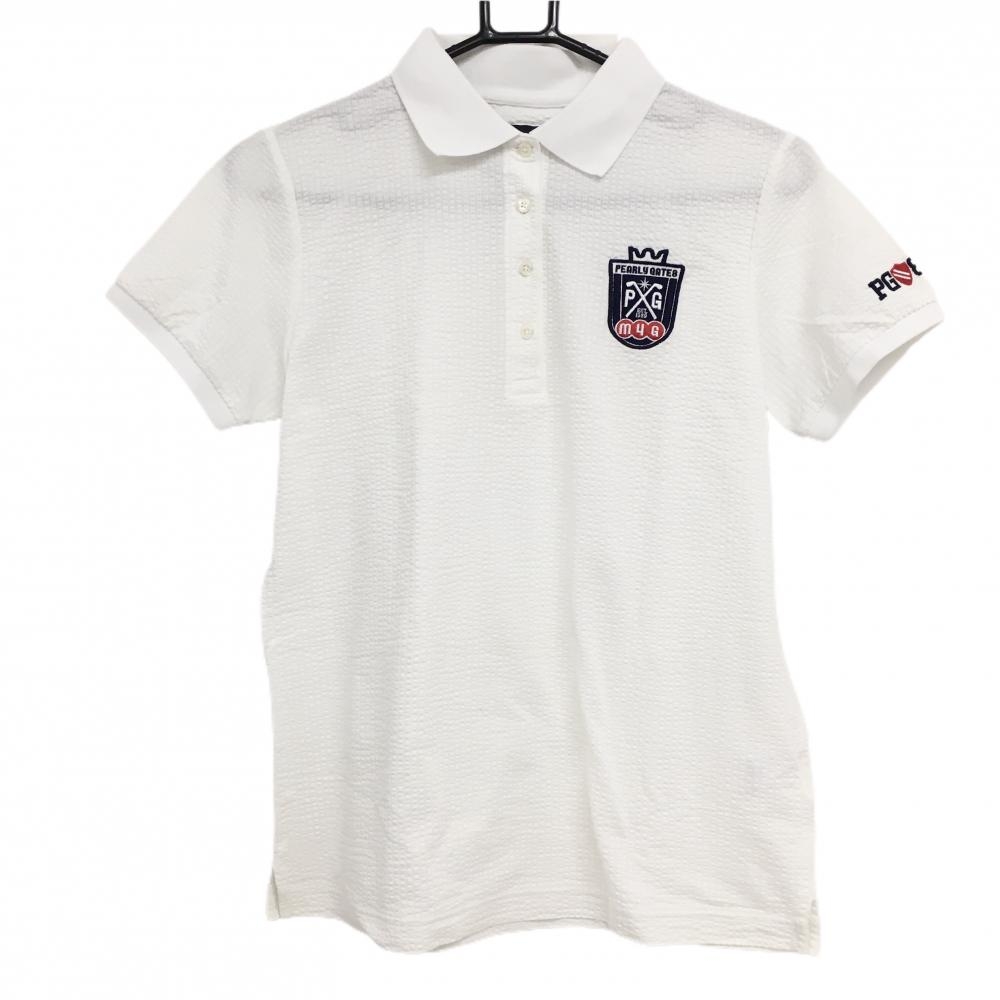 パーリーゲイツ 半袖ポロシャツ 白 サッカー生地 ロゴネイビー  レディース 2(L) ゴルフウェア PEARLY GATES