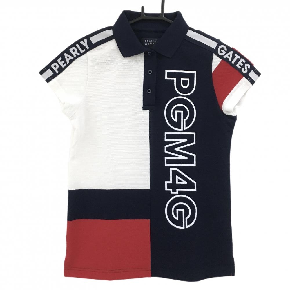 【超美品】パーリーゲイツ 半袖ポロシャツ 白×ネイビー×レッド ロゴプリント  レディース 0(S) ゴルフウェア PEARLY GATES