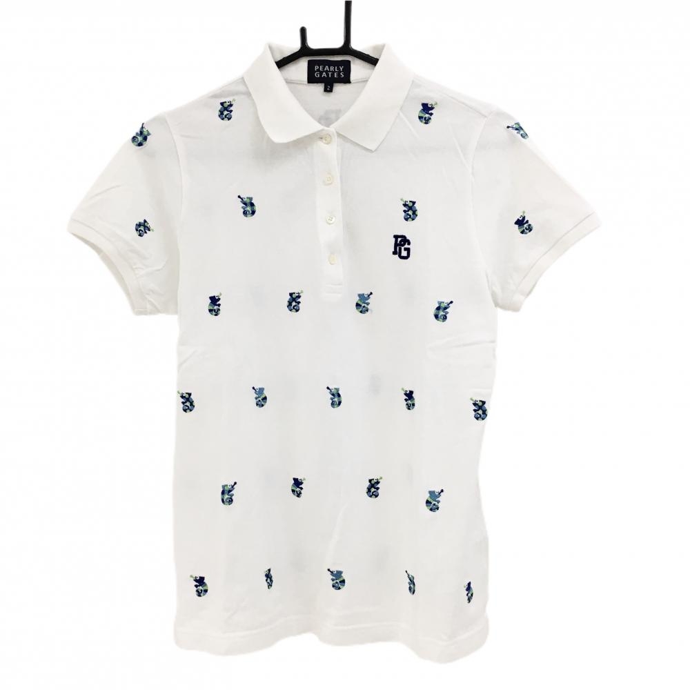 【美品】パーリーゲイツ 半袖ポロシャツ 白×ブルー カメレオン刺しゅう総柄  レディース 2(L) ゴルフウェア PEARLY GATES