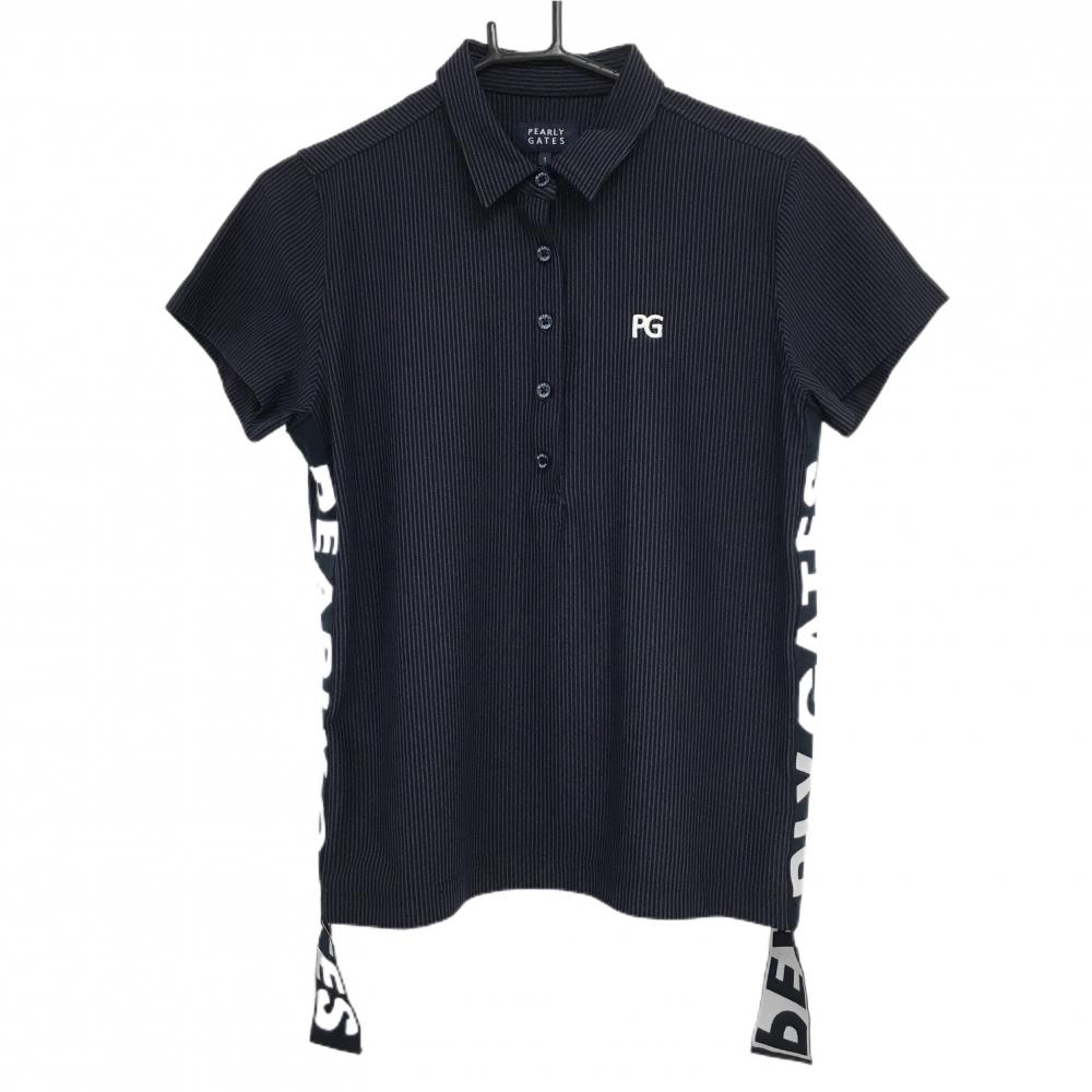 【超美品】パーリーゲイツ 半袖ポロシャツ ネイビー×黒 ストライプ サイドロゴ レディース 1(M) ゴルフウェア PEARLY GATES
