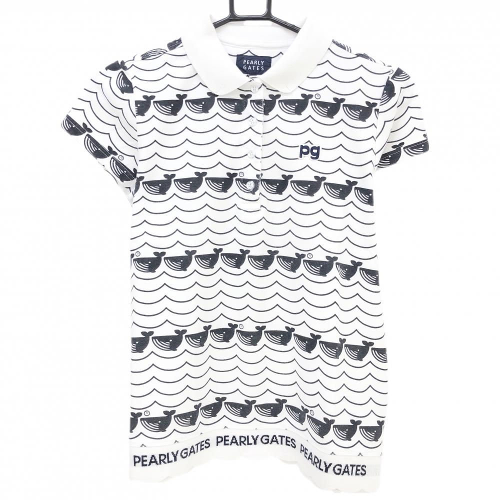 パーリーゲイツ 半袖ポロシャツ 白×黒 クジラ柄 レディース 1(M) ゴルフウェア PEARLY GATES