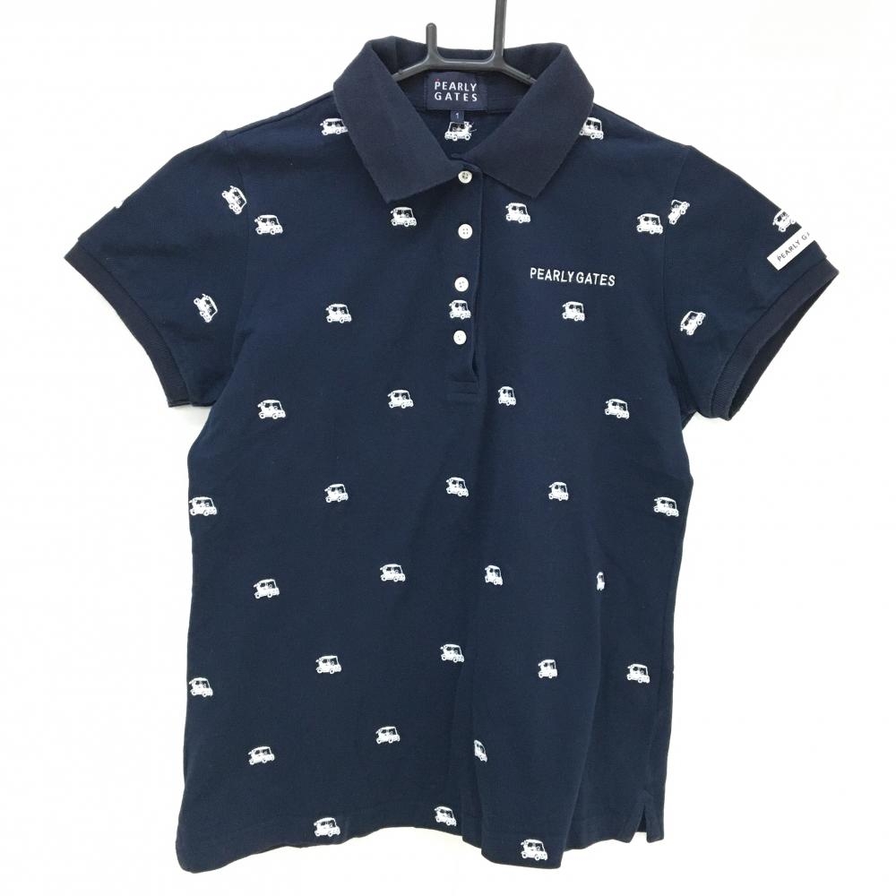 パーリーゲイツ 半袖ポロシャツ ネイビー×白 カート総柄刺しゅう コットン100％ レディース 1(M) ゴルフウェア PEARLY GATES