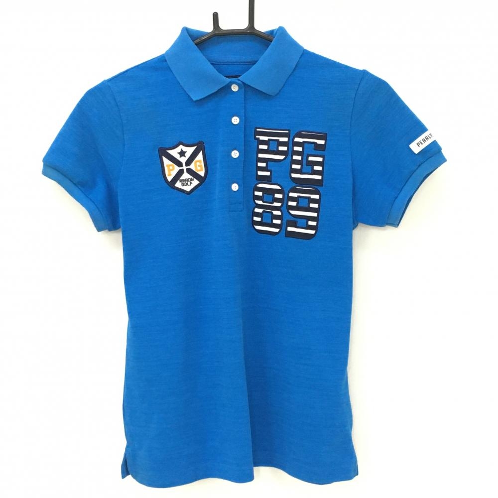 パーリーゲイツ 半袖ポロシャツ 杢ブルー×ネイビー系×白 胸ロゴ レディース 1(M) ゴルフウェア PEARLY GATES