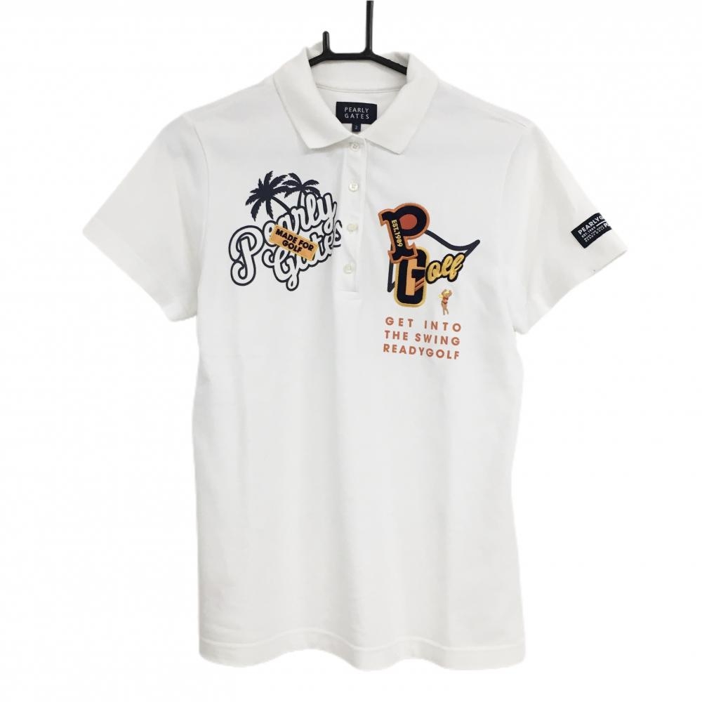 パーリーゲイツ 半袖ポロシャツ 白×ネイビー×オレンジ 胸ロゴ レディース 2(L) ゴルフウェア PEARLY GATES