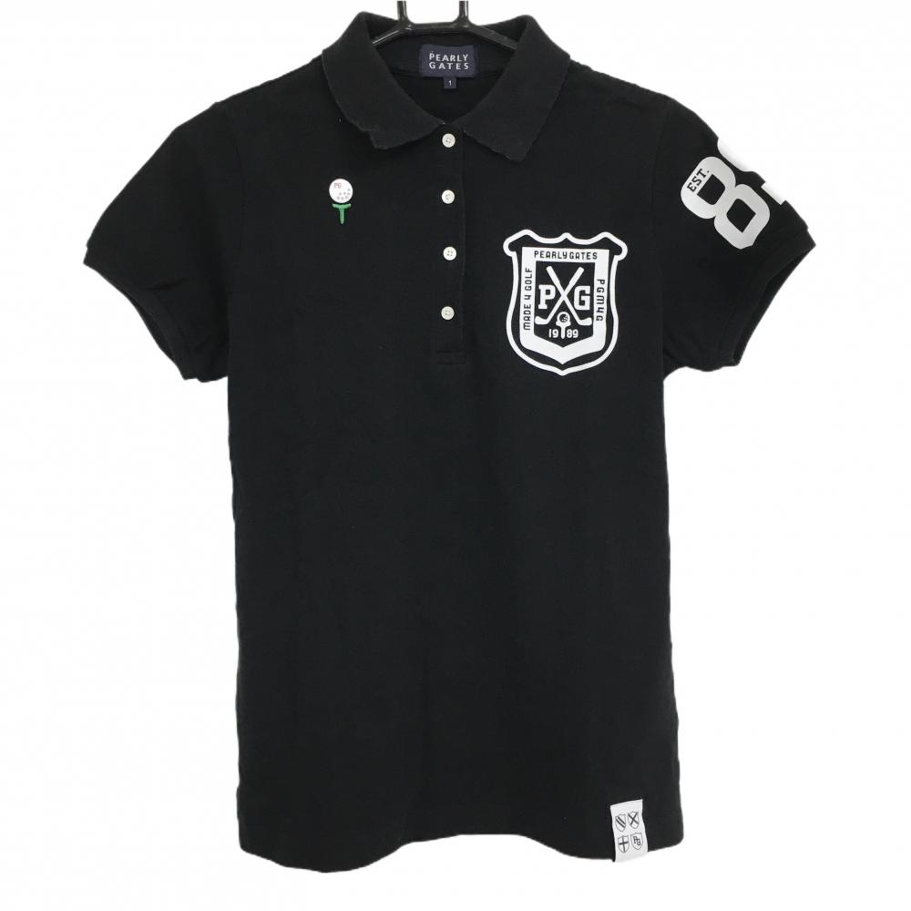 パーリーゲイツ 半袖ポロシャツ 黒 襟裏ボーダー フロッキープリント レディース 1(M) ゴルフウェア PEARLY GATES