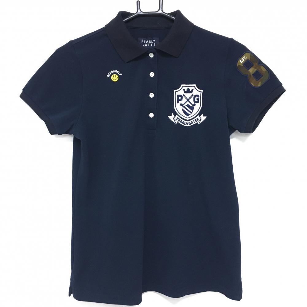 パーリーゲイツ 半袖ポロシャツ ネイビー×白 刺しゅうワッペン レディース 0(S) ゴルフウェア PEARLY GATES