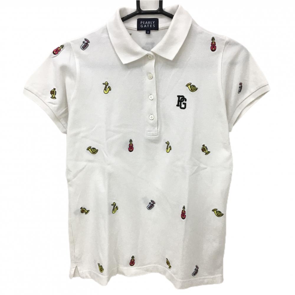 パーリーゲイツ 半袖ポロシャツ 白×イエロー 楽器刺しゅう柄  レディース 0(S) ゴルフウェア PEARLY GATES