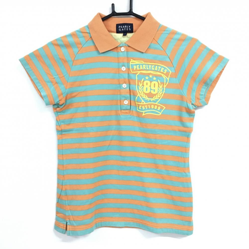パーリーゲイツ 半袖ポロシャツ オレンジ×ライトグリーン ボーダー  レディース 1(M) ゴルフウェア PEARLY GATES