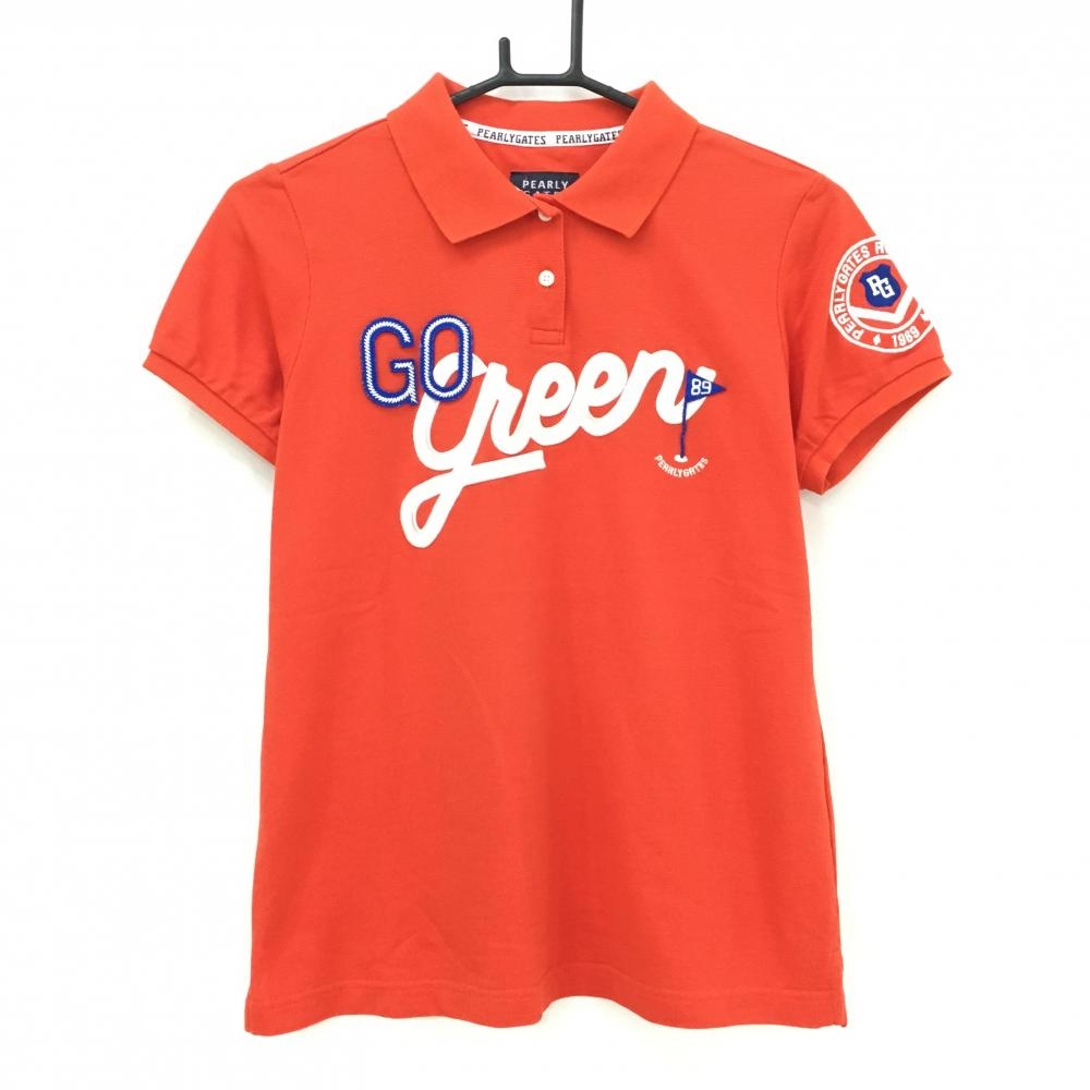 【美品】パーリーゲイツ 半袖ポロシャツ オレンジレッド×白 フロント英字  レディース 1(M) ゴルフウェア PEARLY GATES