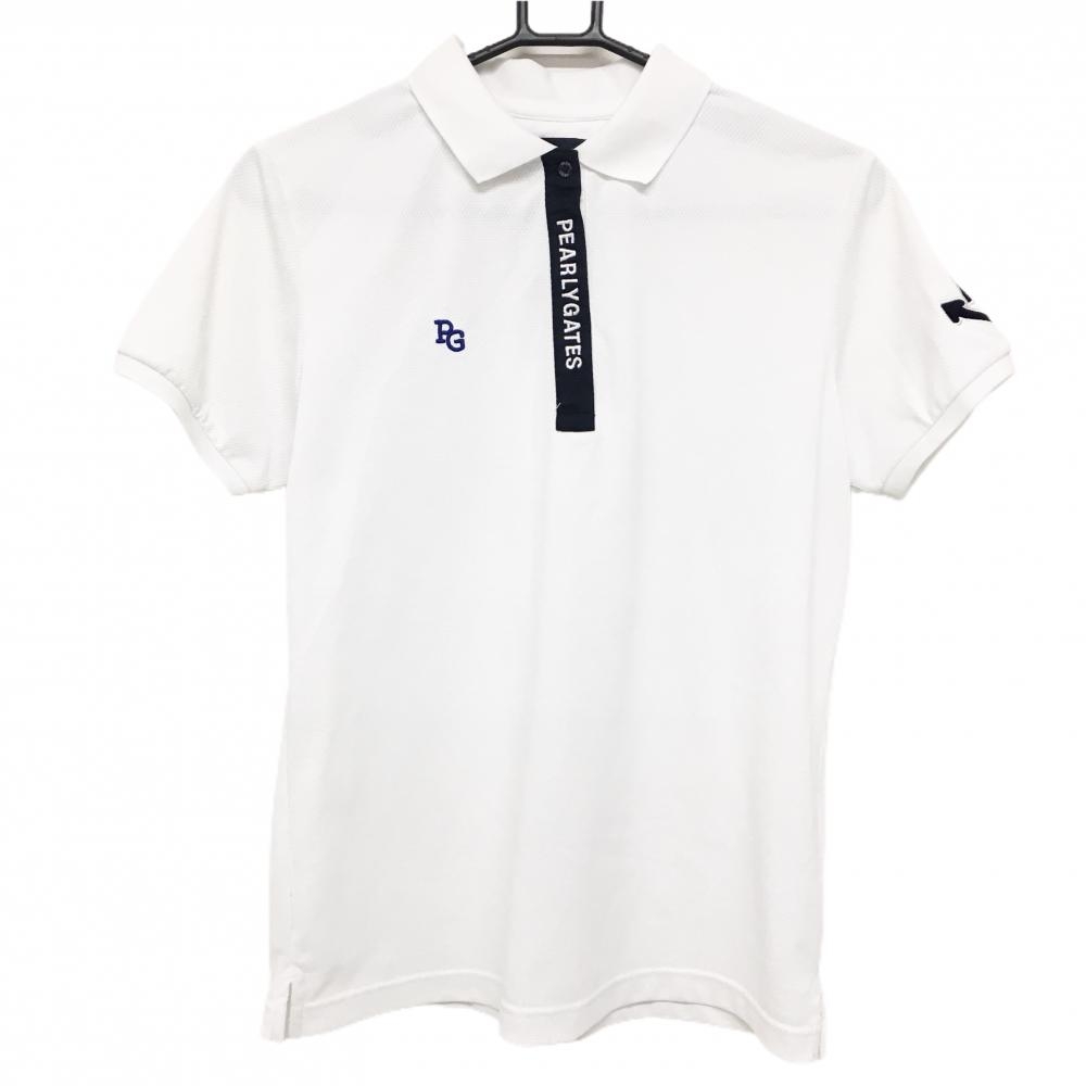 【美品】パーリーゲイツ 半袖ポロシャツ 白ネイビー 前立て英字ロゴ スナップボタン レディース 2(L) ゴルフウェア PEARLY GATES