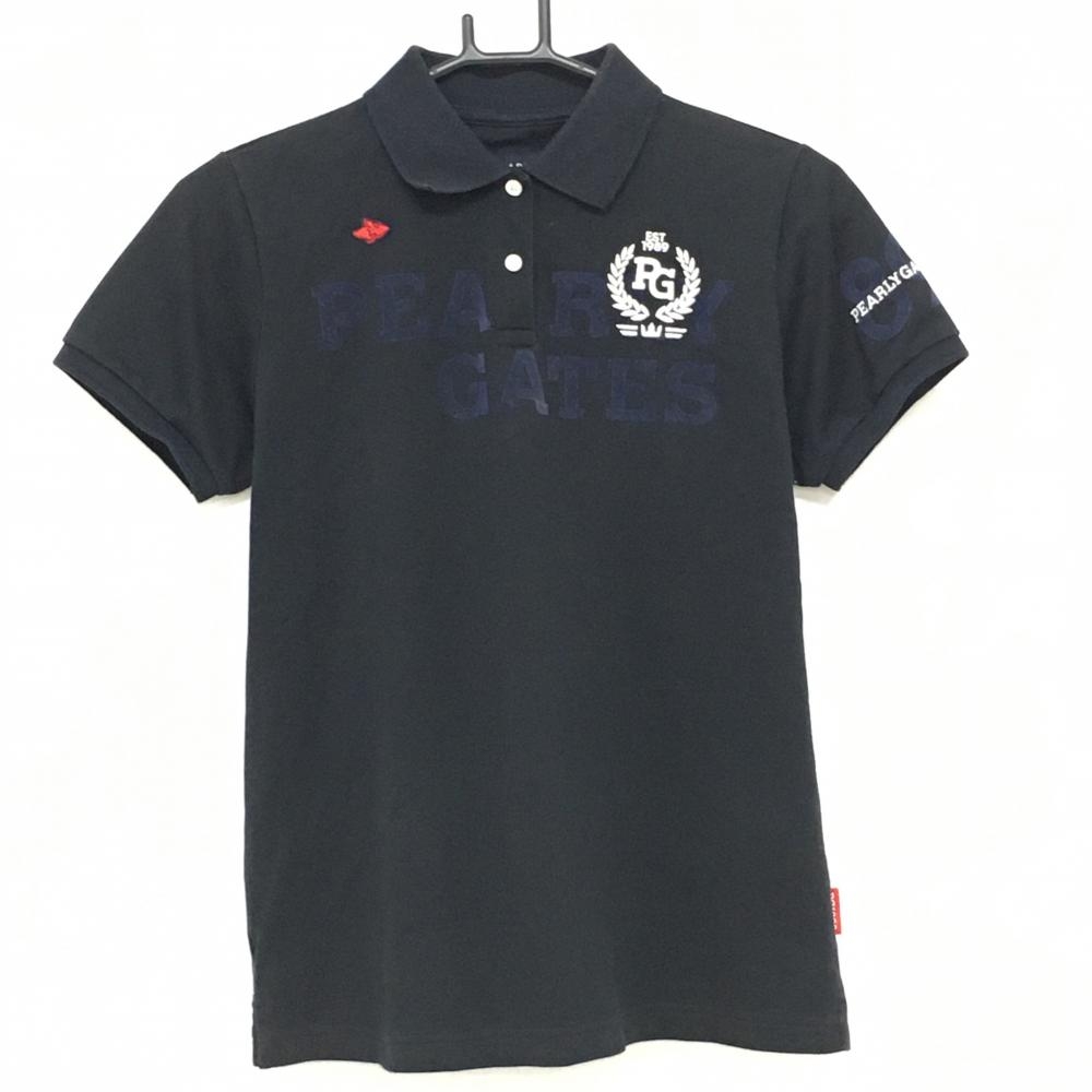 パーリーゲイツ 半袖ポロシャツ ダークネイビー×ネイビー×白 フロントロゴ レディース 1(M) ゴルフウェア PEARLY GATES