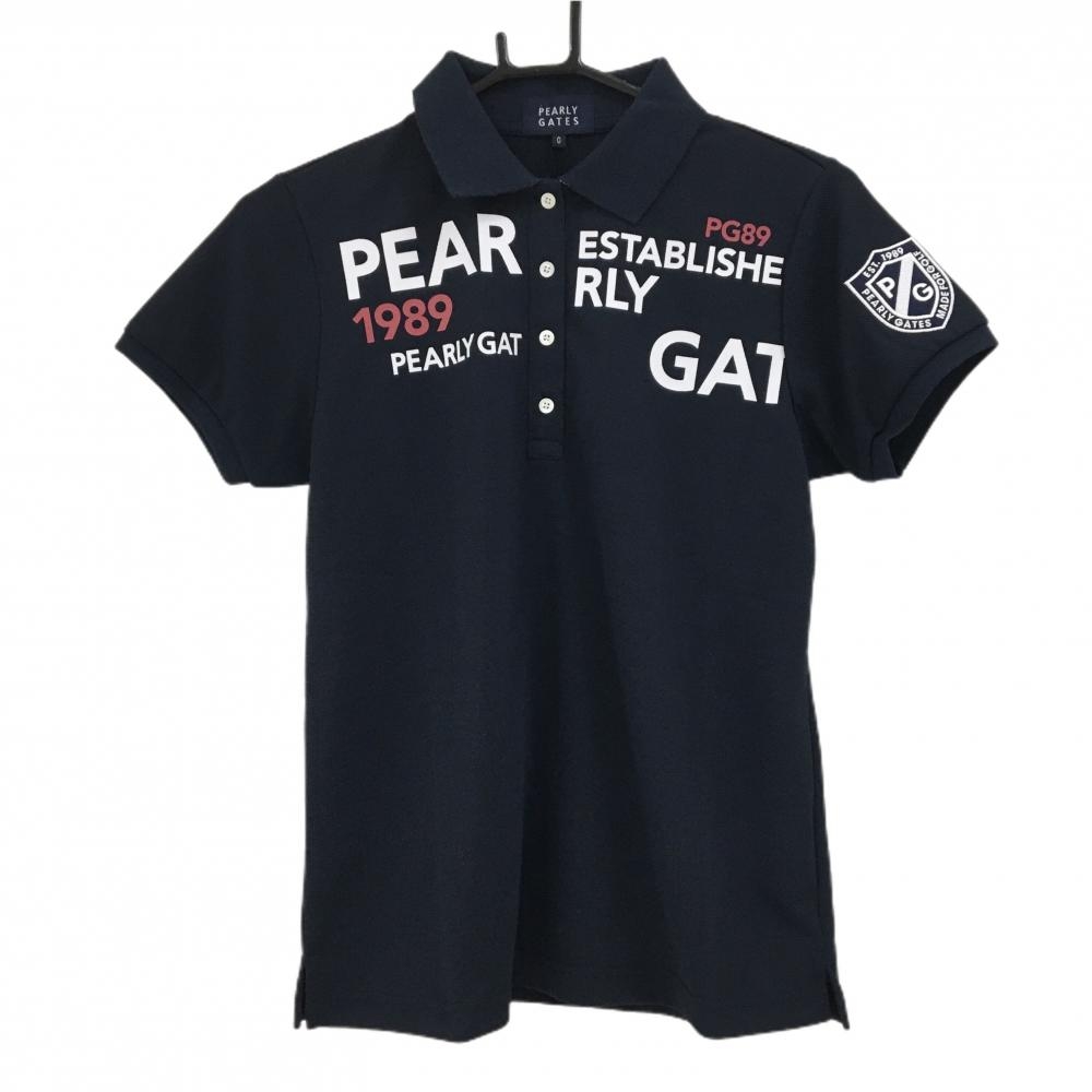 【新品】パーリーゲイツ 半袖ポロシャツ ネイビー×白 胸元ロゴプリント 襟裏ライン レディース 0(S) ゴルフウェア PEARLY GATES