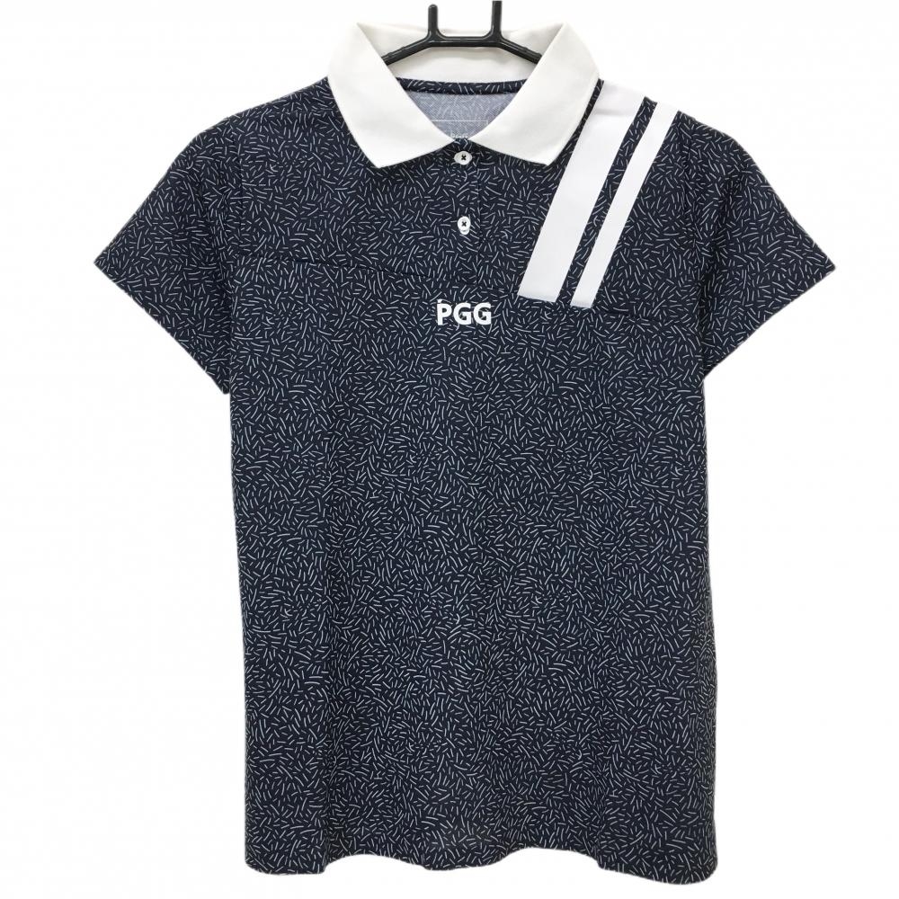 【新品】PGGパーリーゲイツ 半袖ポロシャツ ネイビー×白 総柄 肩ライン  レディース 0(S) ゴルフウェア PEARLY GATES