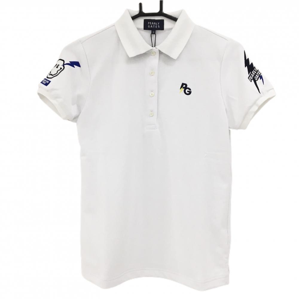 【新品】パーリーゲイツ 半袖ポロシャツ 白×ネイビー ロゴ刺しゅう 感電ニコちゃん レディース 0(S) ゴルフウェア PEARLY GATES