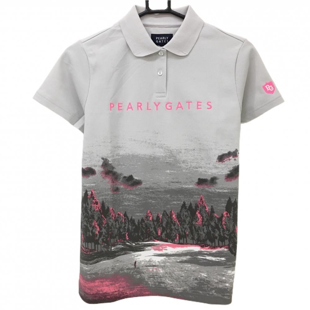 【新品】パーリーゲイツ 半袖ポロシャツ グレー×ピンク 絵 丸襟 ロゴ刺しゅう レディース 1(M) ゴルフウェア PEARLY GATES