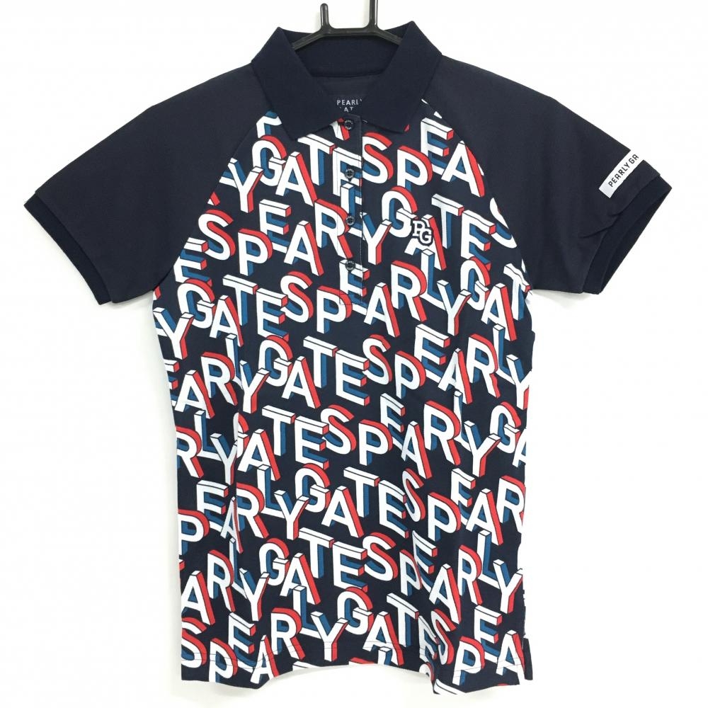 【新品】パーリーゲイツ 半袖ポロシャツ ダークネイビー×白 身頃ロゴ総柄  レディース 0(S) ゴルフウェア PEARLY GATES