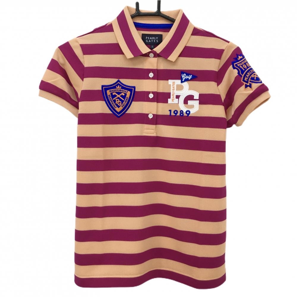 【新品】パーリーゲイツ 半袖ポロシャツ ライトオレンジ×パープル ボーダー ロゴ刺しゅう  レディース 0(S) ゴルフウェア PEARLY GATES