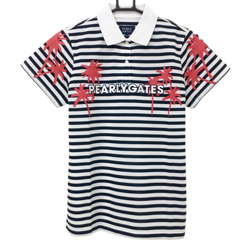 【新品】パーリーゲイツ 半袖ポロシャツ 白×ネイビー ボーダー ヤシの木プリント レディース 0(S) ゴルフウェア PEARLY GATES