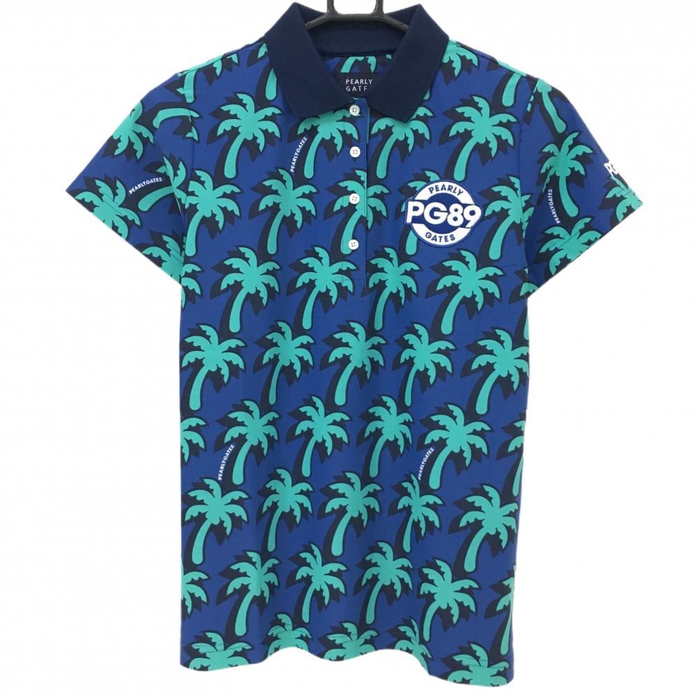 【新品】パーリーゲイツ 半袖ポロシャツ ネイビー×エメラルドグリーン ヤシの木柄  レディース 1(M) ゴルフウェア PEARLY GATES