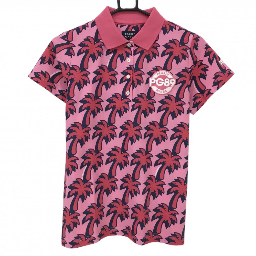 【新品】パーリーゲイツ 半袖ポロシャツ ピンク×レッド ヤシの木柄 ロゴ刺しゅう レディース 1(M) ゴルフウェア PEARLY GATES