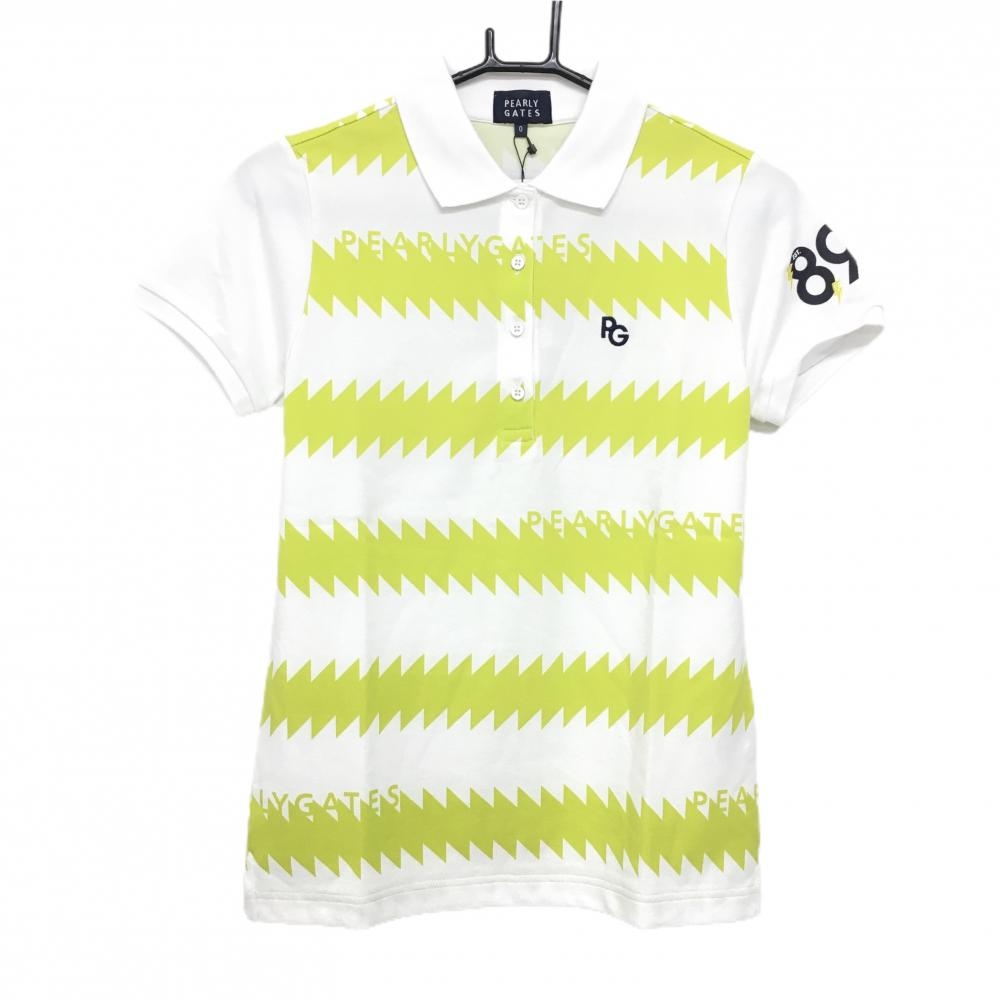 【新品】パーリーゲイツ 半袖ポロシャツ 白×イエロー ギザギザボーダー ロゴ刺しゅう レディース 0(S) ゴルフウェア PEARLY GATES