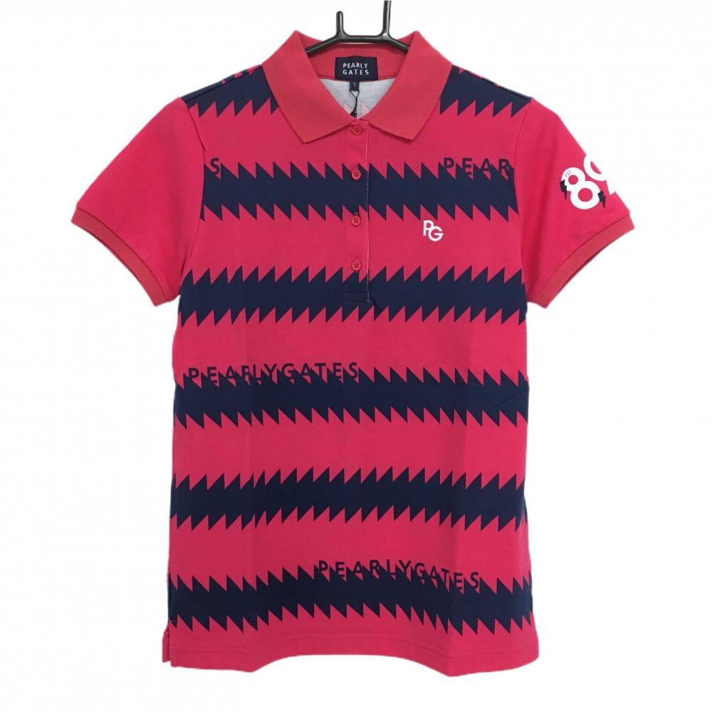 【新品】パーリーゲイツ 半袖ポロシャツ レッドピンク×ネイビー ギザギザボーダー レディース 1(M) ゴルフウェア PEARLY GATES