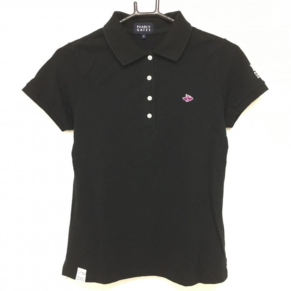 【美品】パーリーゲイツ 半袖ポロシャツ 黒 ロゴパープル フライングラビット レディース 2(L) ゴルフウェア PEARLY GATES