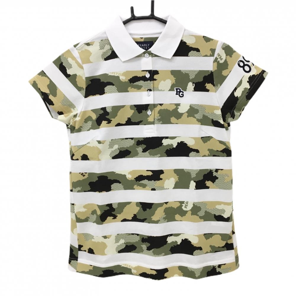 【新品】パーリーゲイツ 半袖ポロシャツ 白×カーキ系 ボーダー 迷彩 カモフラ ロゴ刺しゅう レディース 0(S) ゴルフウェア PEARLY GATES
